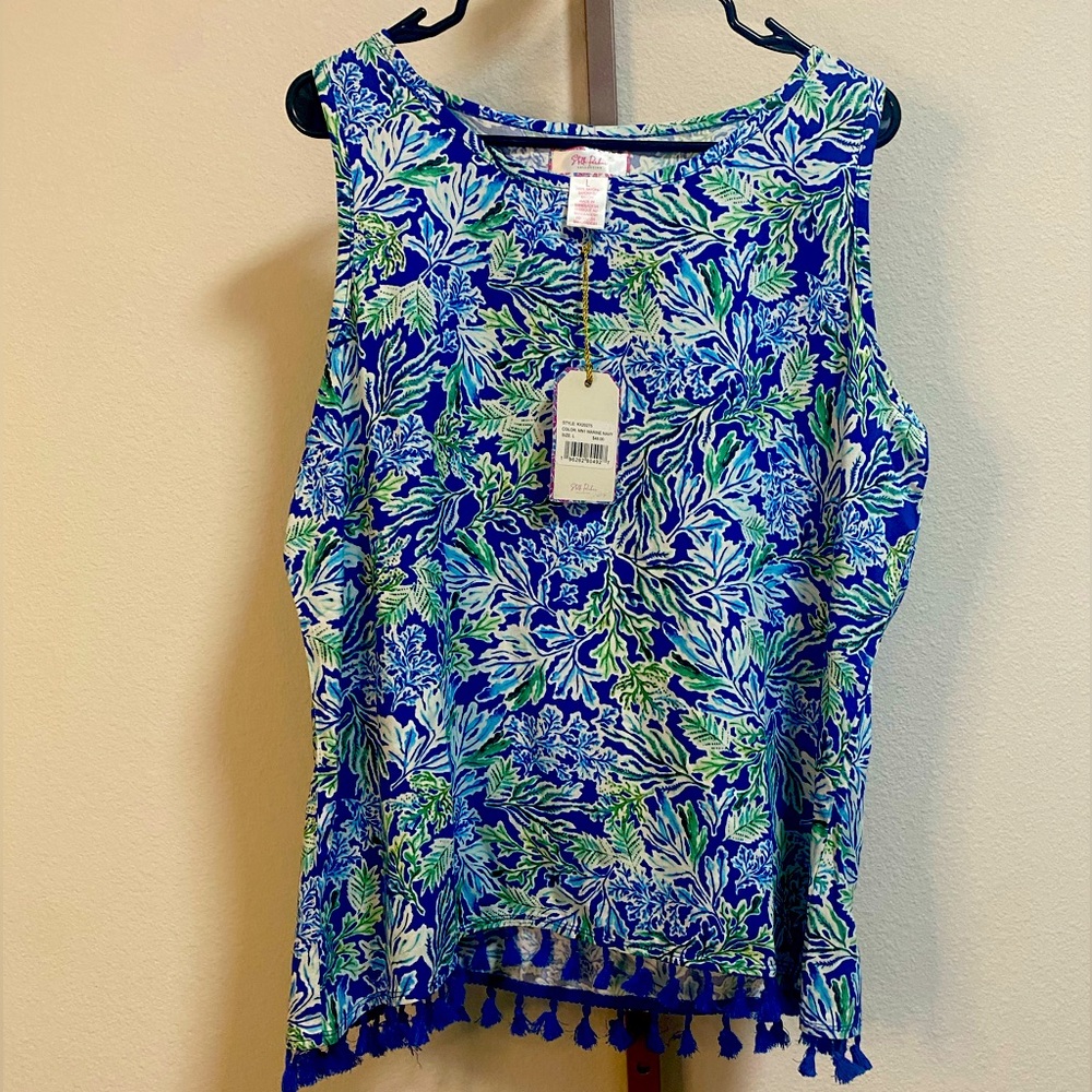 NWT Stella Parker Tank in Marine Navy with Fringe Bottom